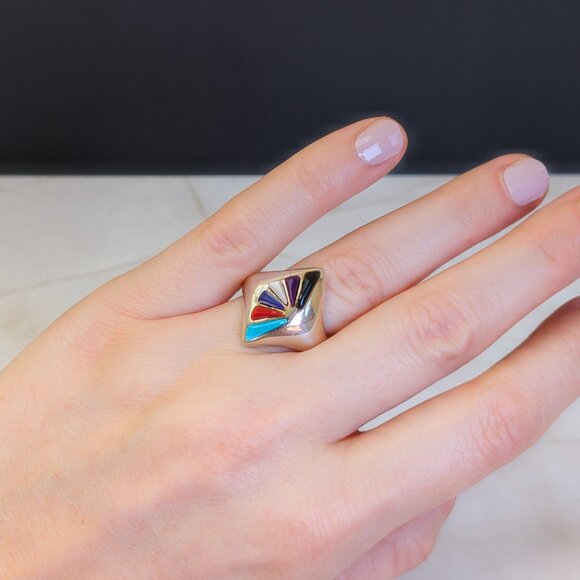 Vintage Cha Ray Inlay Ring (1989) – Sterling Silver w Turquoise, Coral & Lapis - Picture 7 of 7